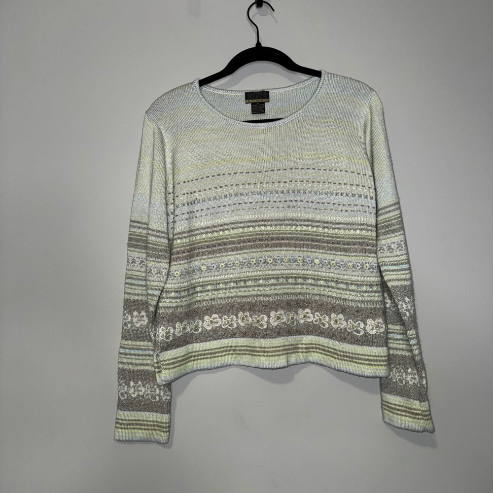Vintage Sigrid Olsen Floral Embroidered & Beaded Sweater Size M Light Blue/Green